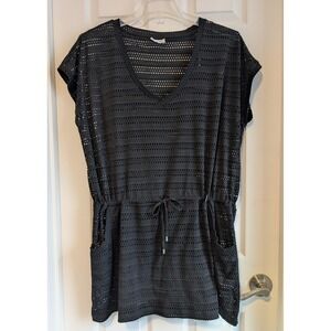 Calvin Klein Swimsuit Cover Up XL Black Crochet Eyelet Drawstring Waist V-neck